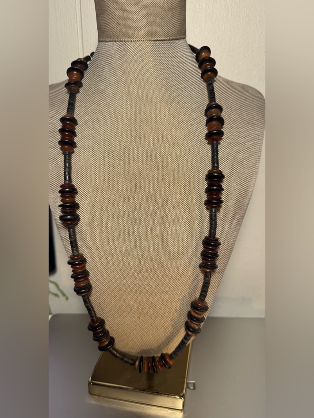 Long Rustic Wooden Bead Necklace in Brown and Black